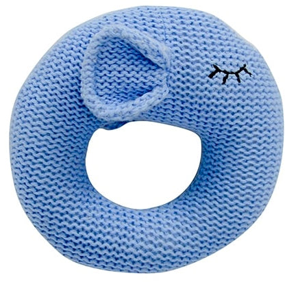 Blue knitted donut rattle on a white background
