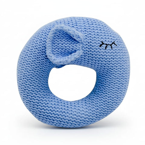 Blue knitted donut rattle on a white background