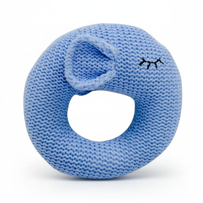 Blue knitted donut rattle on a white background