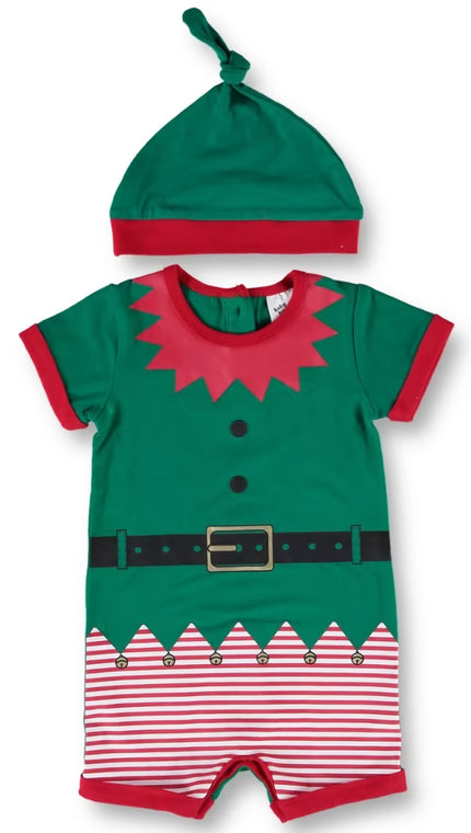 Baby elf costume with green romper, red shirt, and matching hat on a white background