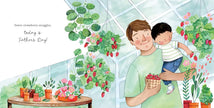 Illustrated page from Baby's fathers day book featuring dad holding a child in a garden setting.
