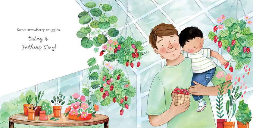 Illustrated page from Baby's fathers day book featuring dad holding a child in a garden setting.