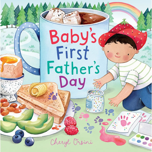 Fathers day book cover featuring large mug, child and picnic in a forest setting.