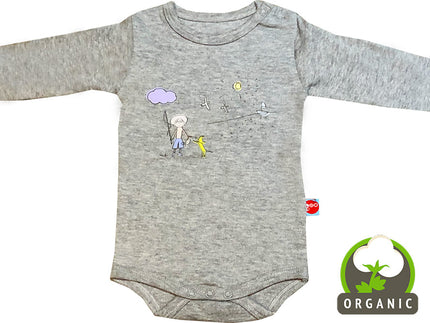 Gray baby onesie with cartoon designs on a white background, featuring an Organic certification logo.