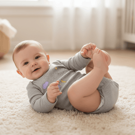 Baby wearing grey romper 