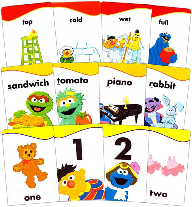 Set of educational flashcards with Sesame Street characters and words.