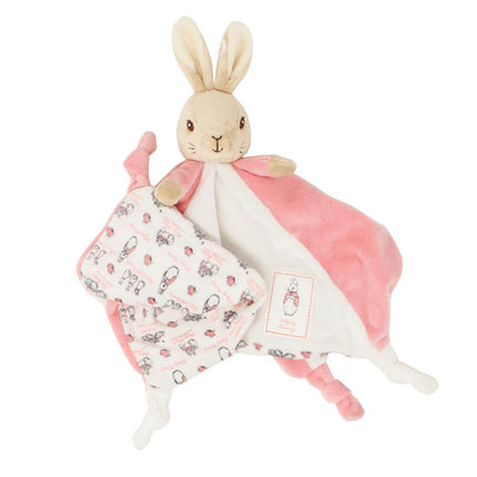 Plush bunny toy with a pink and white blanket on a white background