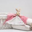 Plush rabbit toy with pink blanket on a white background