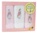Pack of three Peter Rabbit face washers in a pink box with a decorative label.