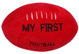 Red plush football with 'MY FIRST FOOTBALL' text