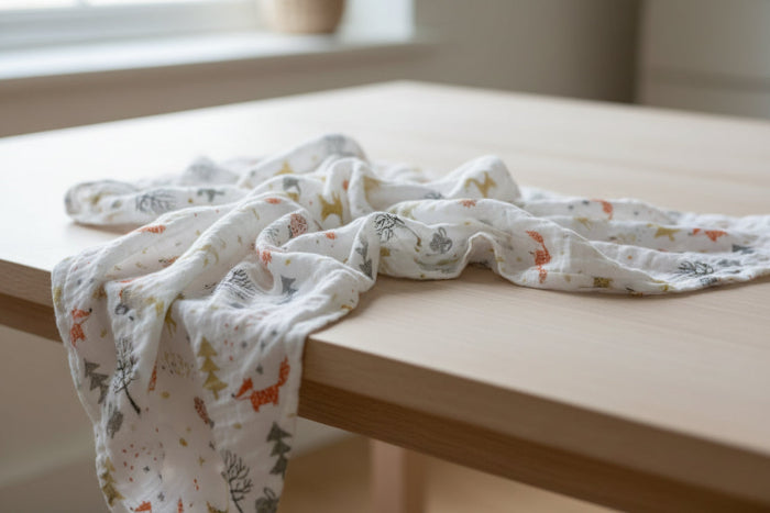Baby blanket with animal pattern on a table background