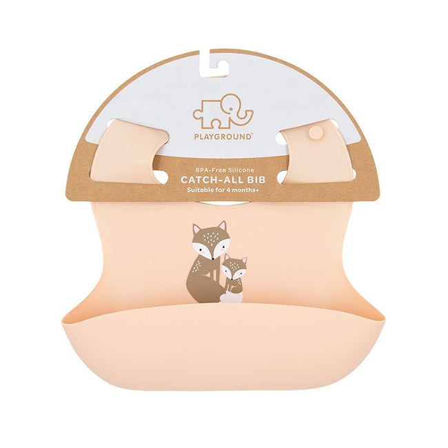 Blush colour food grade silicone baby bib on a white background