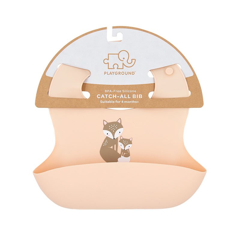 Blush colour food grade silicone baby bib on a white background