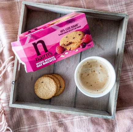 Heavenly Mixed Red Fruit Berry Oat Biscuits on a tray with hot drink
