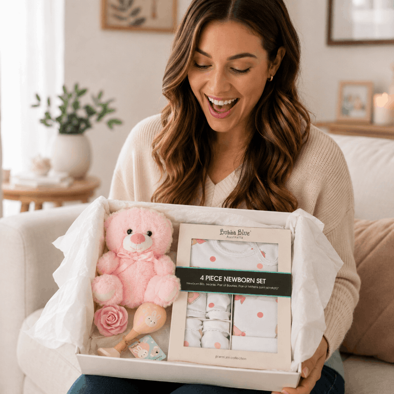 Lady holding a baby gift box with pink teddy and baby clothing