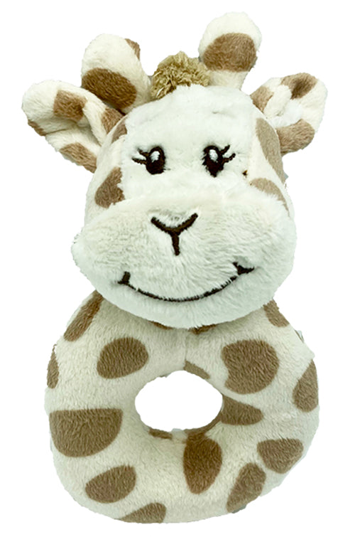 Plush giraffe toy with brown spots on a white background