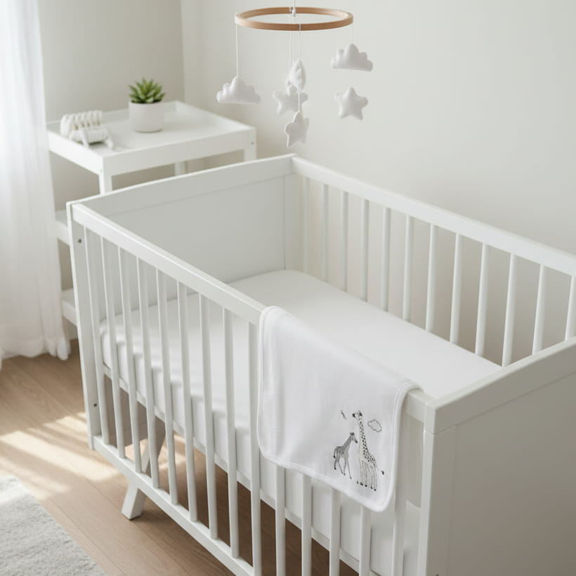 white baby blanket with two giraffes printed in baby cot