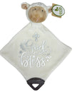 Plush lamb toy with 'God Bless' blanket and Eco label on a white background