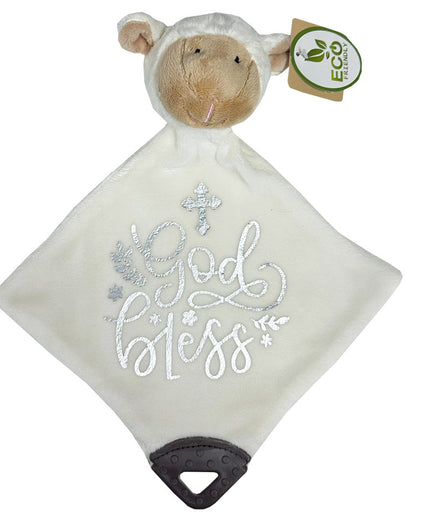 Plush lamb toy with 'God Bless' blanket and Eco label on a white background