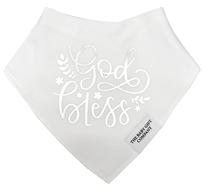 White baby bib with 'God Bless' text and The Baby Gift Company logo