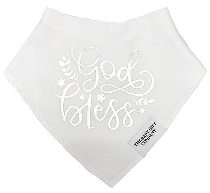 White baby bib with 'God Bless' text and The Baby Gift Company logo