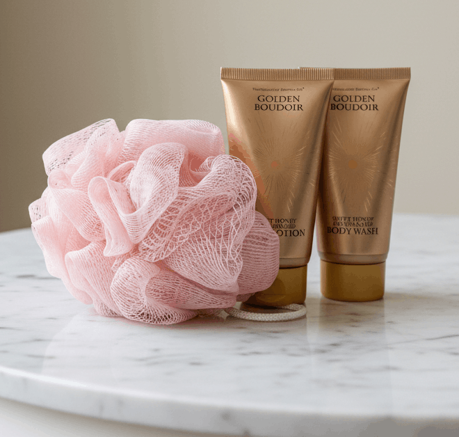 Golden body lotion and body wash set with pink wash sponge