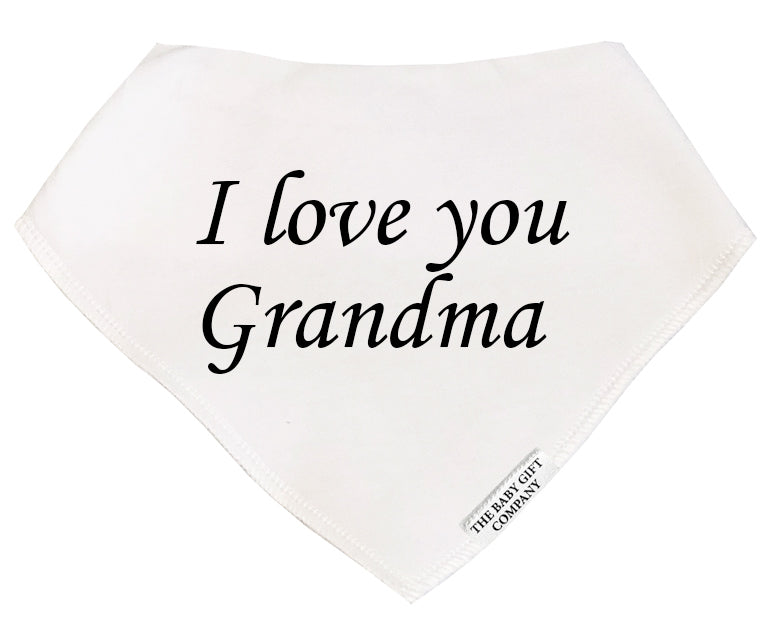 White bandana with 'I love you Grandma' text on a white background