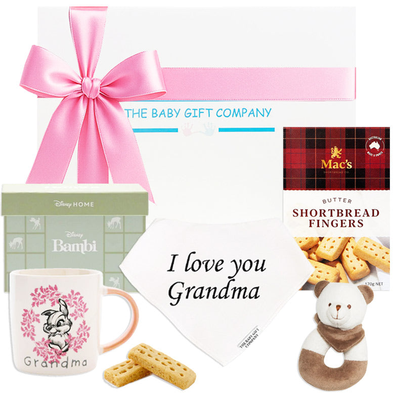 Collection of gift items including a mug, cookies, and a teddy bear with 'I love you Grandma' text.