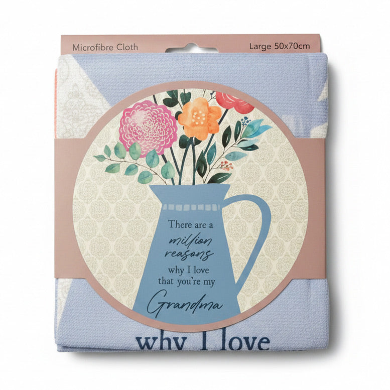 Grandma microfibre tea towel with floral pot design and sentimental message