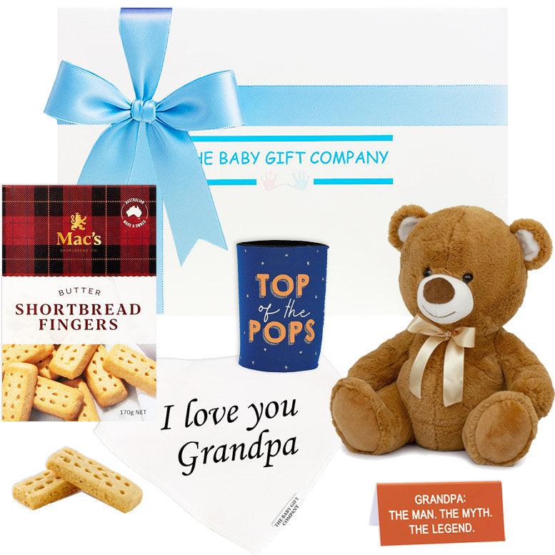 Celebration gift box for grandpa with teddy, biscuits and gifts