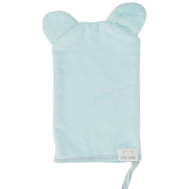 Green textured bath mitt with bear ears on a white background
