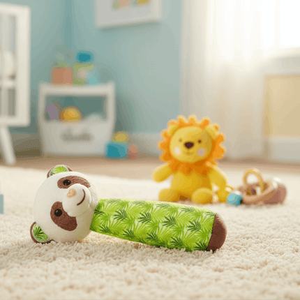 green panda toy on nursery floor