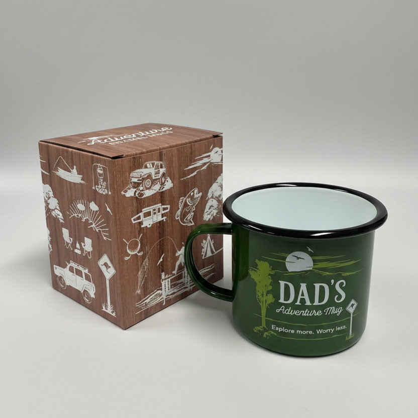 Green dads adventure mug and box