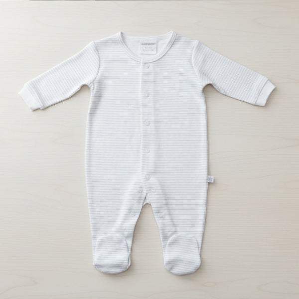 White baby onesie with thin gray stripes on a white background