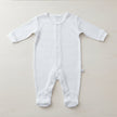 White baby onesie with thin gray stripes on a white background