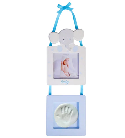 Two baby photo frames with elephant design, one blue and one white, on a white background.