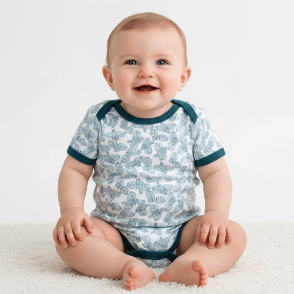 Blue romper on sitting baby
