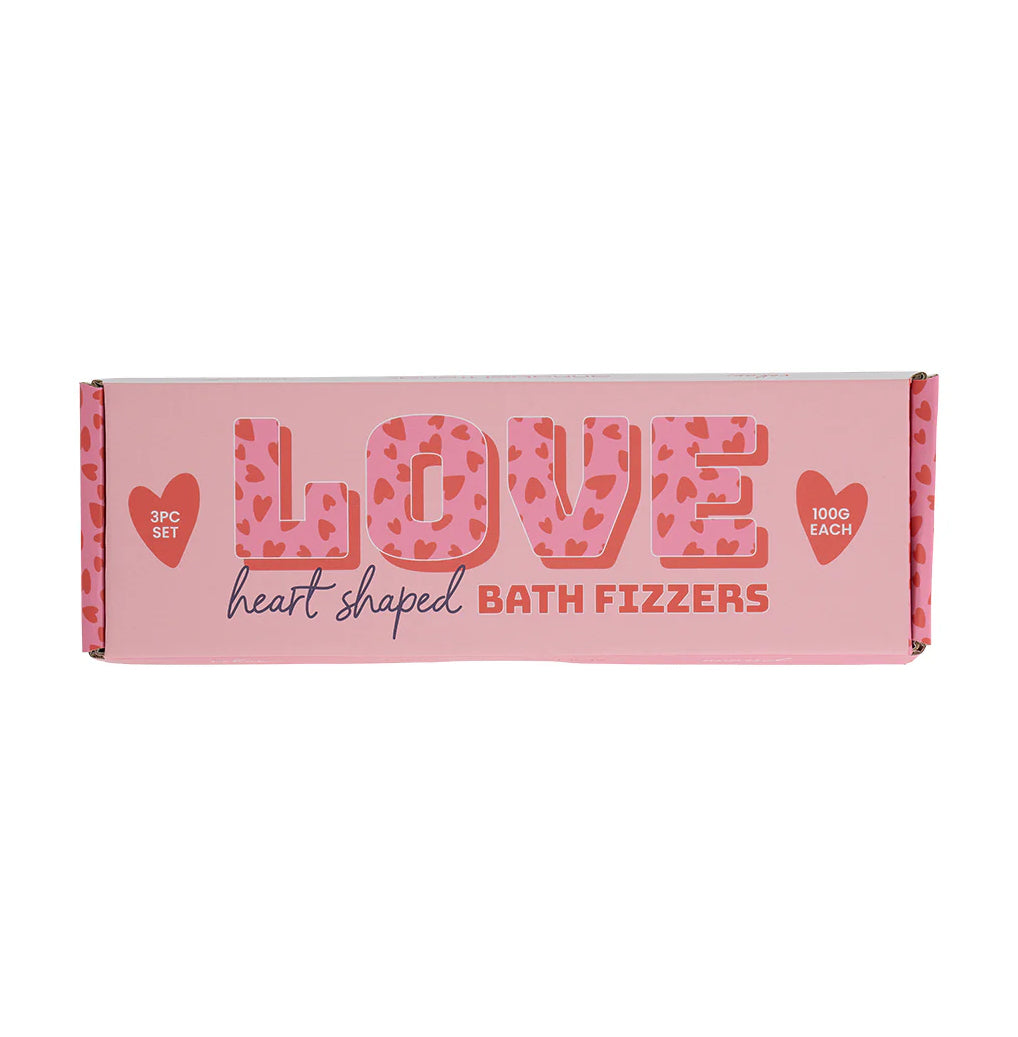 Box of heart-shaped bath fizzers with 'LOVE' text on a pink background