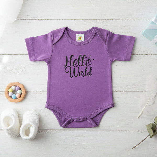 Purple baby onesie with 'Hello World' text on a white background