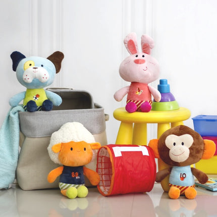 Colorful plush toys including a dog, rabbit, monkey, and sheep on a light background.