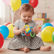 Baby girl wearing dress sitting on the floor surrounded by colourful balloons