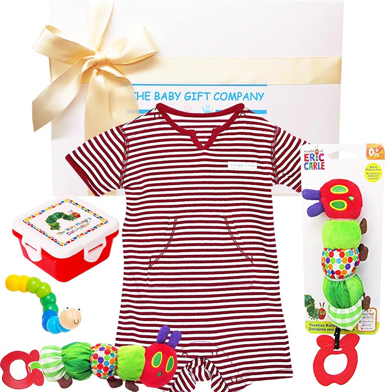 Baby gift set with striped romper, toy, and snack box from The Baby Gift Company.