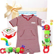 Baby gift set with striped romper, toy, and snack box from The Baby Gift Company.