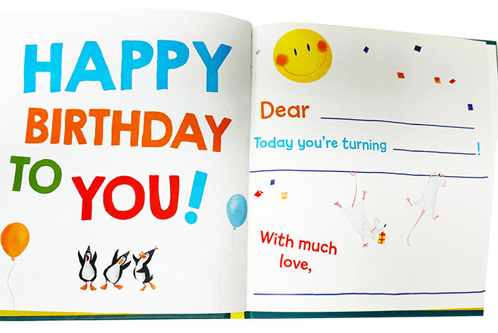 Open book with a birthday greeting and space for writing, featuring colorful text and illustrations.