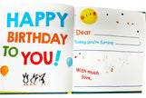 Open book with a birthday greeting and space for writing, featuring colorful text and illustrations.