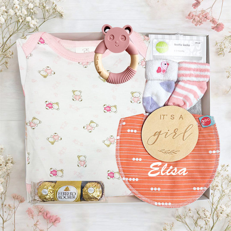 its a girl gift set with baby girl clothes and toys for a newborn