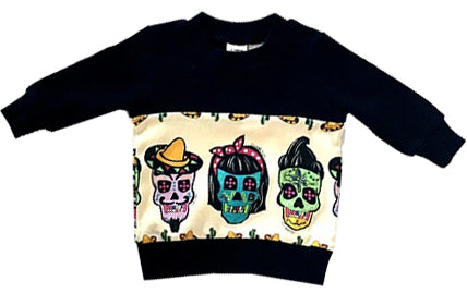 Black sweatshirt with colorful skull designs on a white background