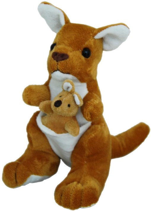 Plush kangaroo toy holding a smaller plush toy on a white background