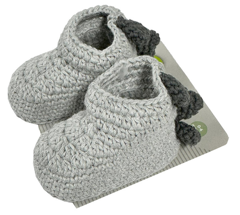 Pair of gray crochet baby booties on a white background