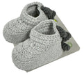 Pair of gray crochet baby booties on a white background